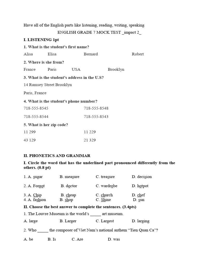 Grade 7 English Mock Test PDF | PDF | Foreign Language Studies | Self ...