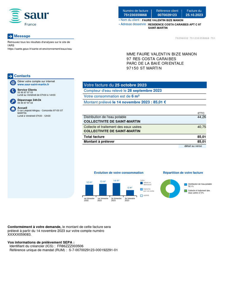 Facture d'eau SAUR Saint-Martin 2023 | PDF | Facture | Taxe sur la ...