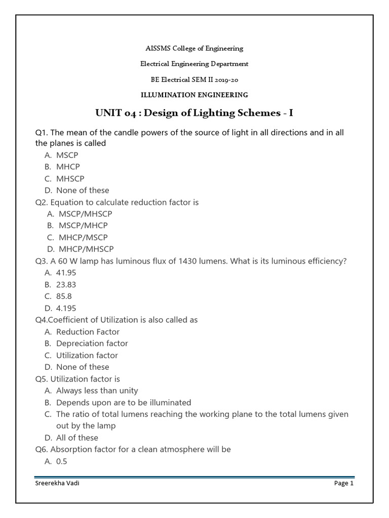 Illumination Engineering MCQs and Answers | PDF | Lighting | Light
