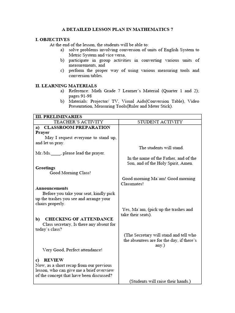 Unit Conversion Lesson Plan for Grade 7 | PDF | Measurement ...
