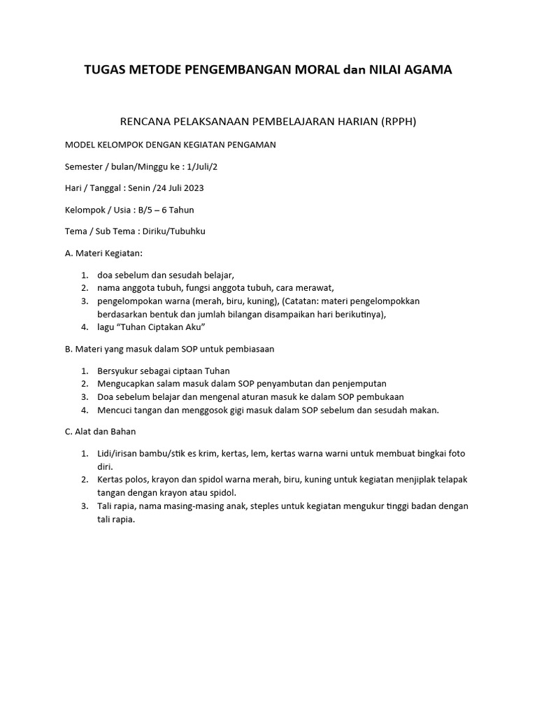 RPPH Pengembangan Moral Anak Usia Dini | PDF | Kesehatan Holistik ...