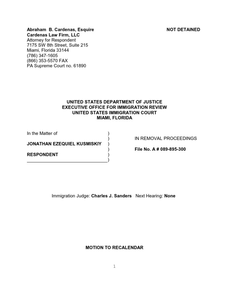 Motion To Re Calendar | PDF | Removal Proceedings | Constitutional Law