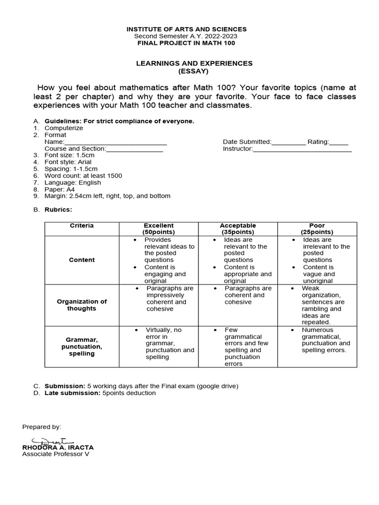 Math 100 Final Project Guidelines | PDF | Mathematics | Linguistics