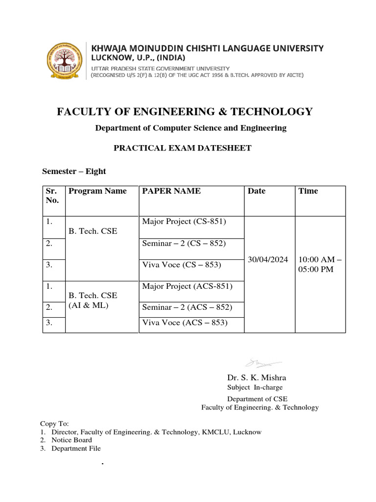 Updated Practical Datesheet CSE and CSE AI ML Eight Semester | PDF ...