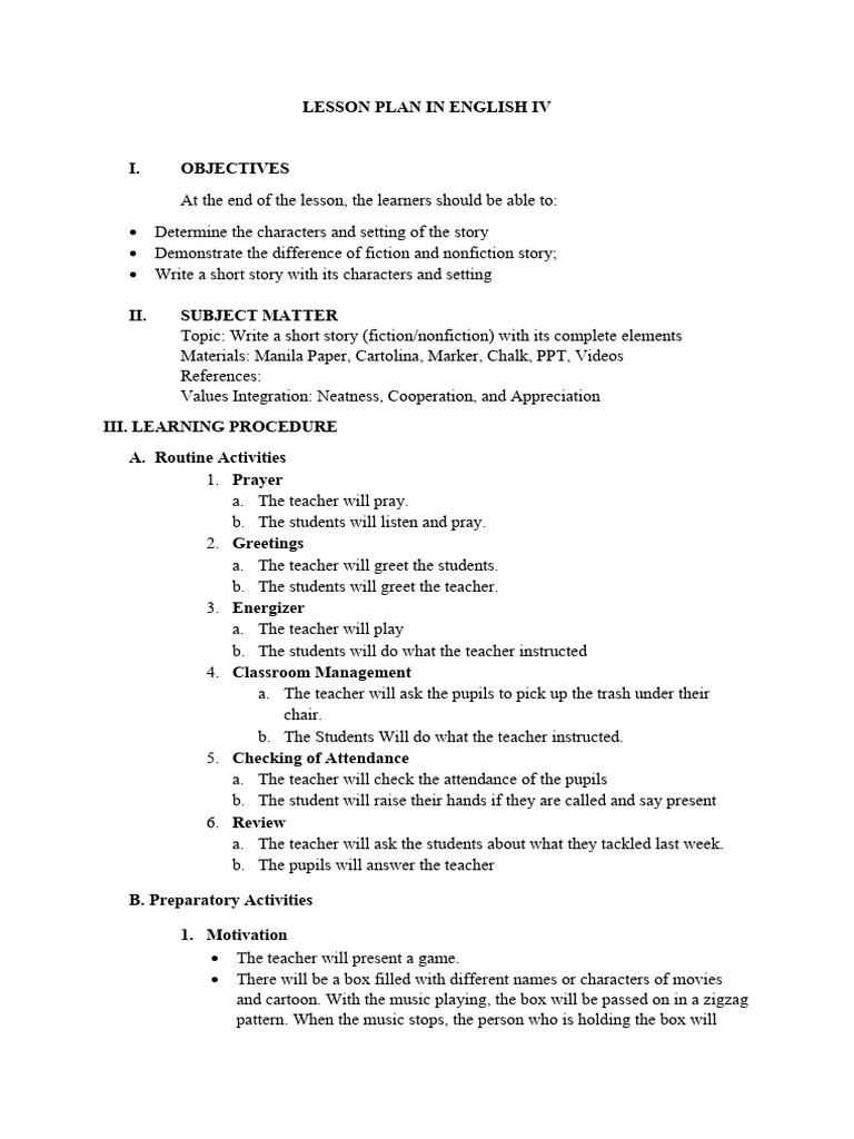 LP Character and Setting | PDF | Teachers | Lesson Plan