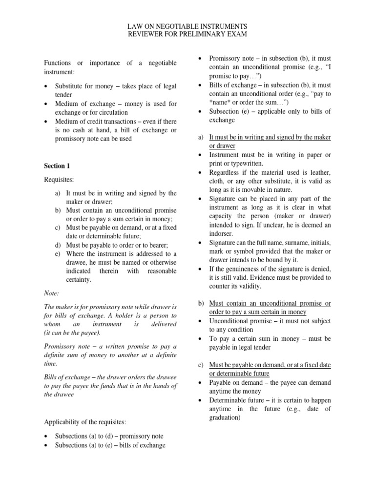 Law on Negotiable Instruments Guide | PDF | Negotiable Instrument ...