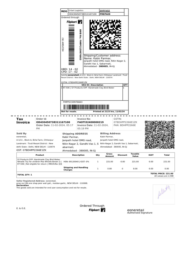 E-Kart Logistics Invoice for Handmade Toy | PDF | Trade | Sales