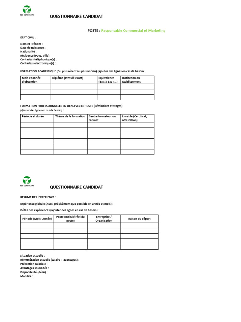 Questionnaire pour Responsable Commercial | PDF | Commercialisation ...