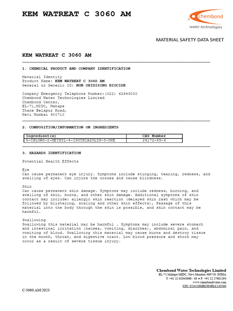 Kem Watreat C 3060 Am MSDS | PDF | Firefighting | Fires