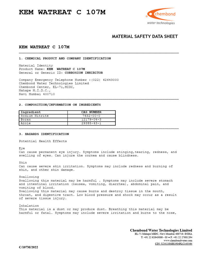 Kem Watreat C 107M MSDS | PDF | Firefighting | Hypothermia