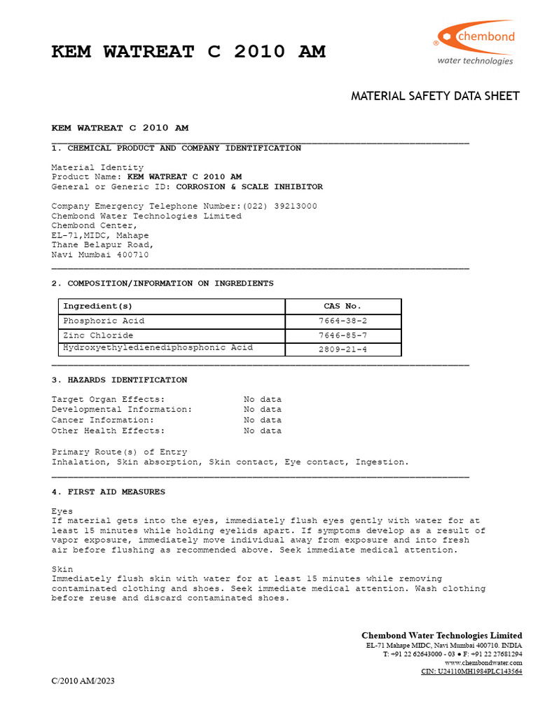KEM WATREAT C 2010 AM MSDS | PDF | Firefighting | Occupational Hygiene