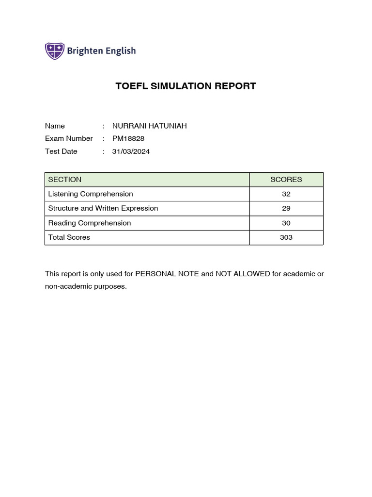 TOEFL Simulation Score Report | PDF