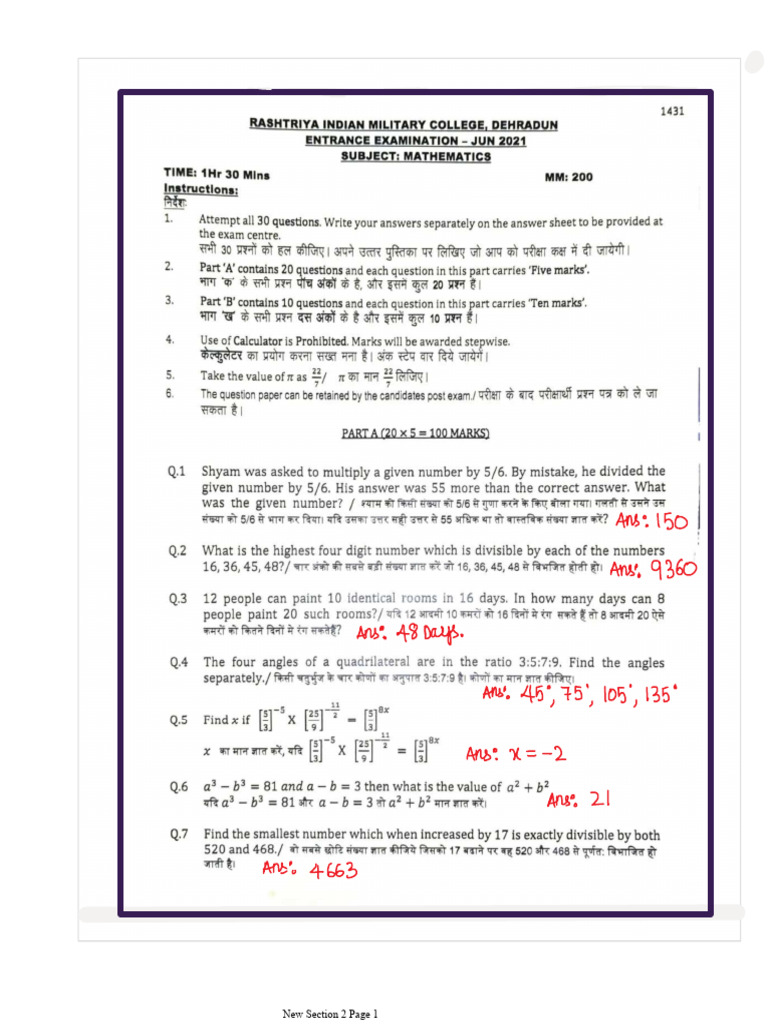 RIMC Jun 2021 Maths Paper With Answers | PDF