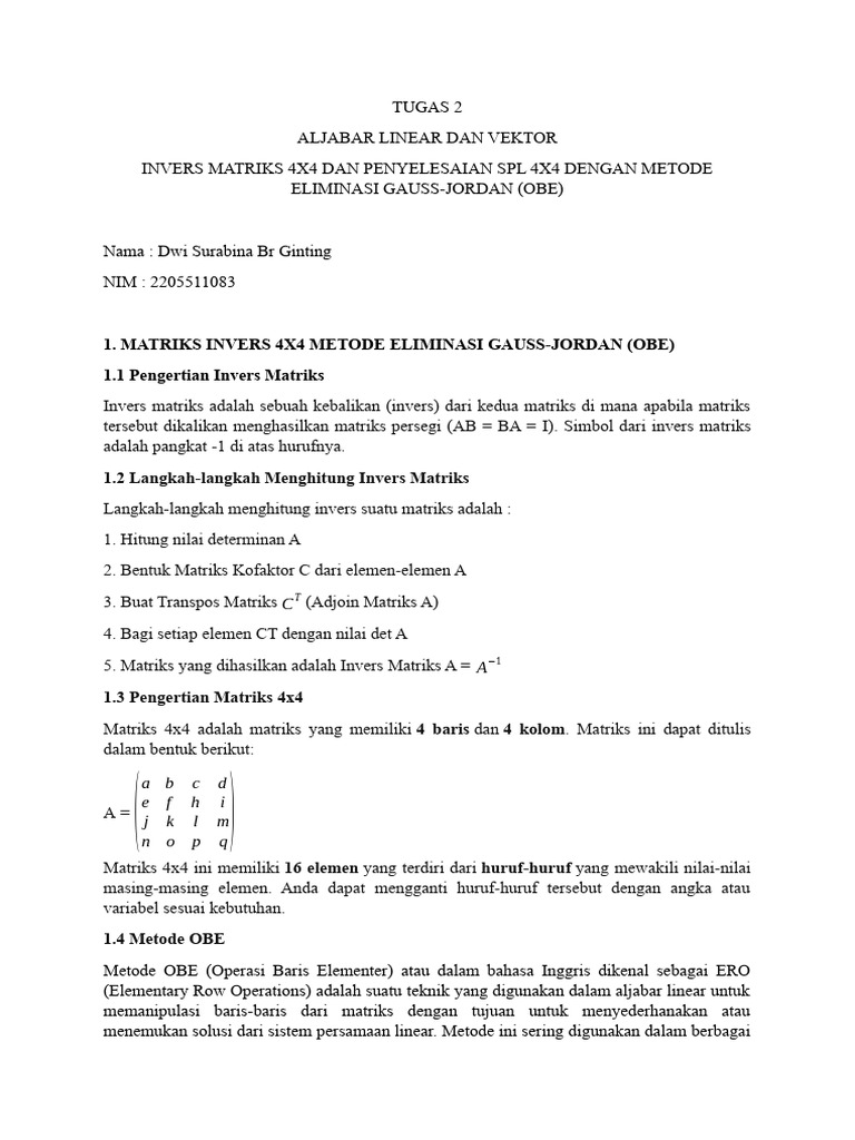 Invers Matriks 4x4 dengan OBE | PDF