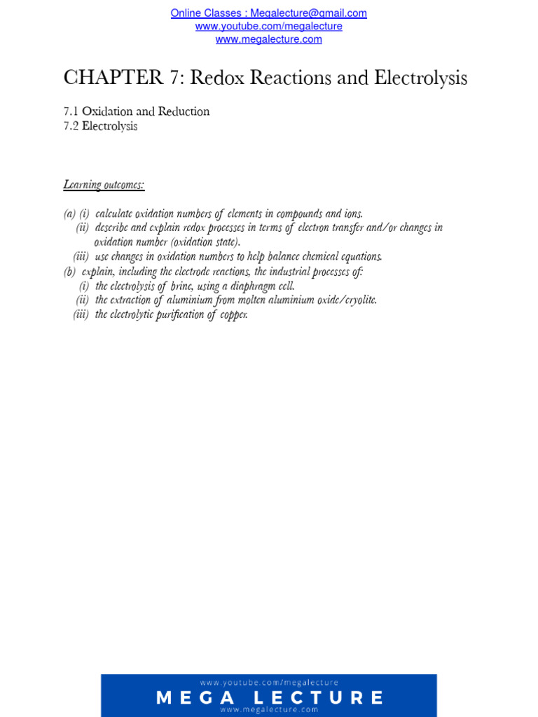 Redox Reactions and Electrolysis Overview | PDF | Redox | Electrochemistry