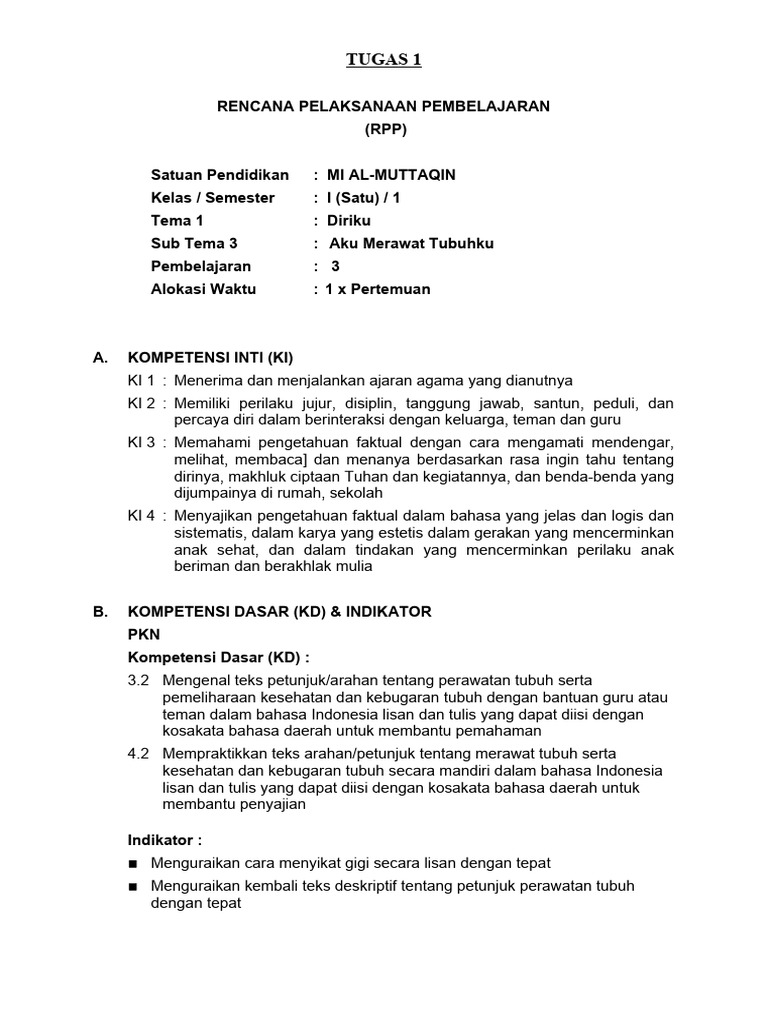 RPP Merawat Tubuh untuk Kelas 1 | PDF