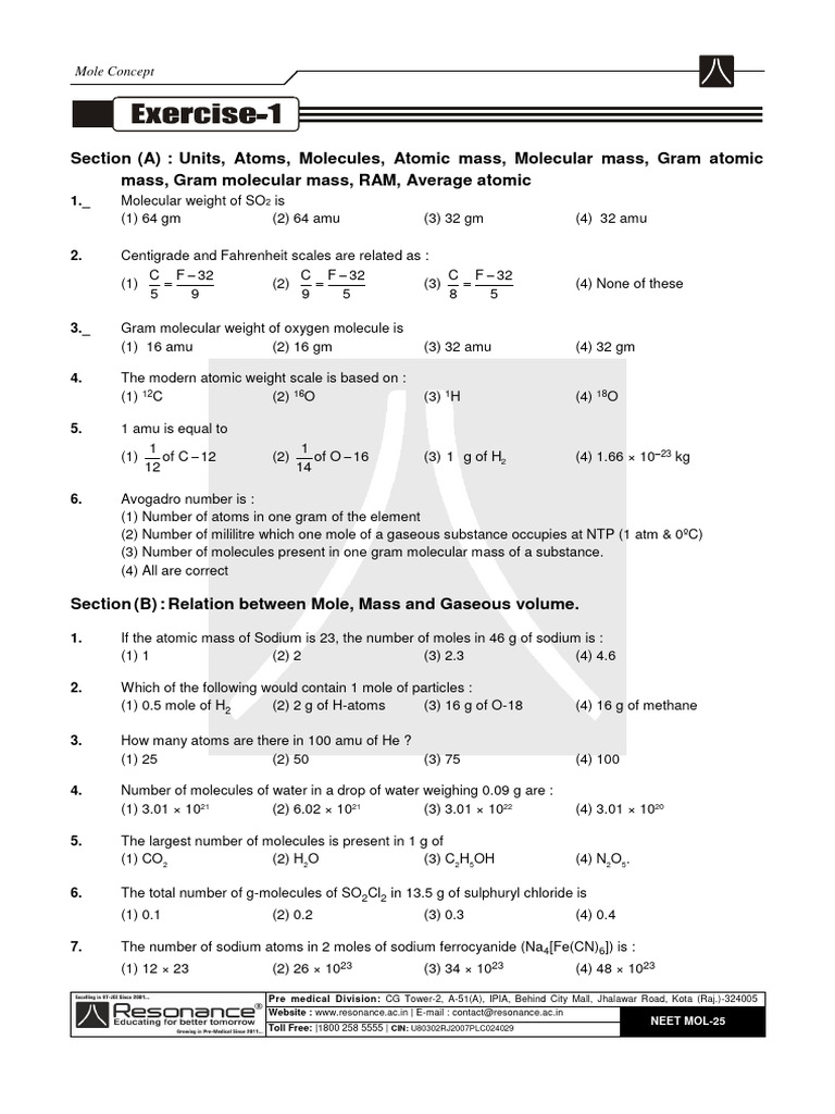 NEET Mole Concept Question Bank | PDF | Molar Concentration | Mole (Unit)