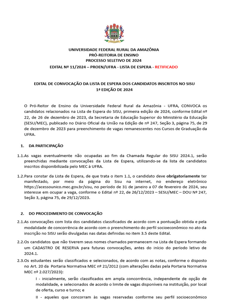 Convocação Lista de Espera SISU 2024 UFRA | PDF