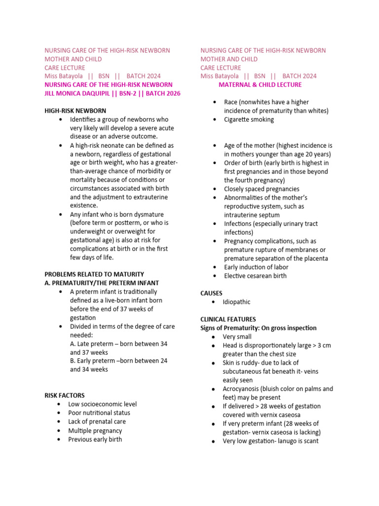 High Risk Newborn Pdf Fetus Preterm Birth