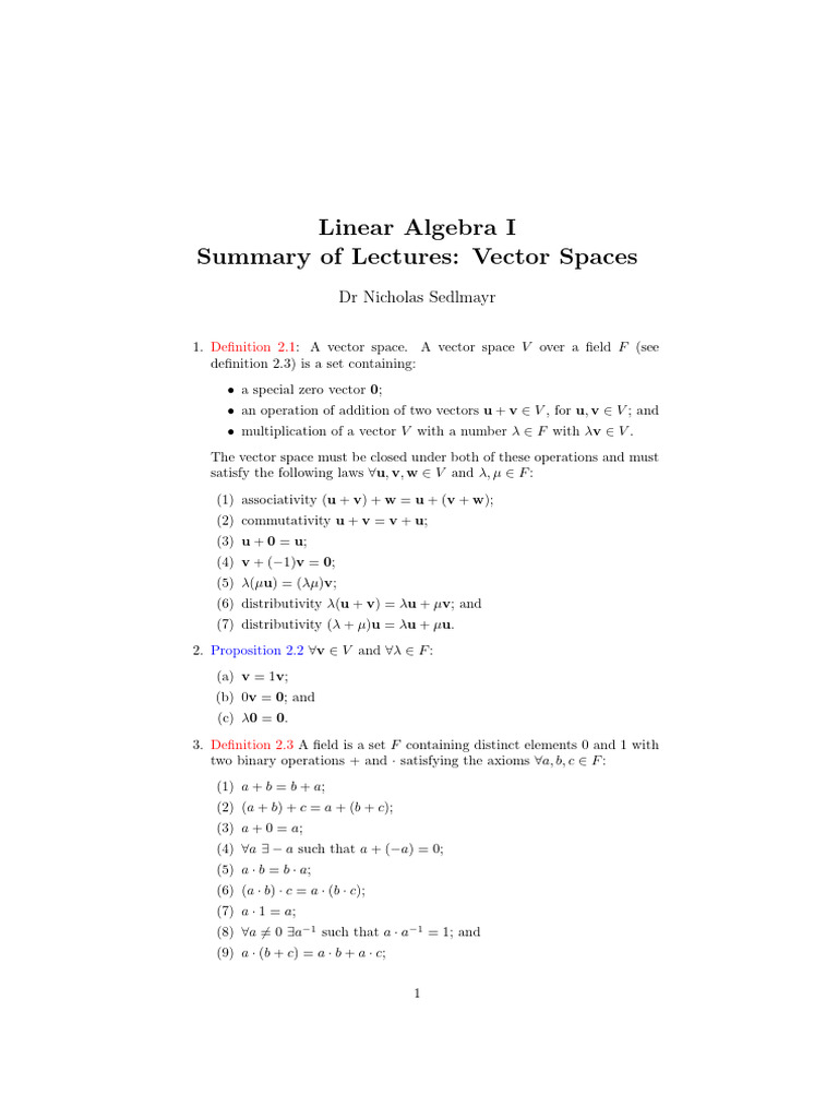 Vector Spaces in Linear Algebra | PDF | Basis (Linear Algebra) | Vector ...