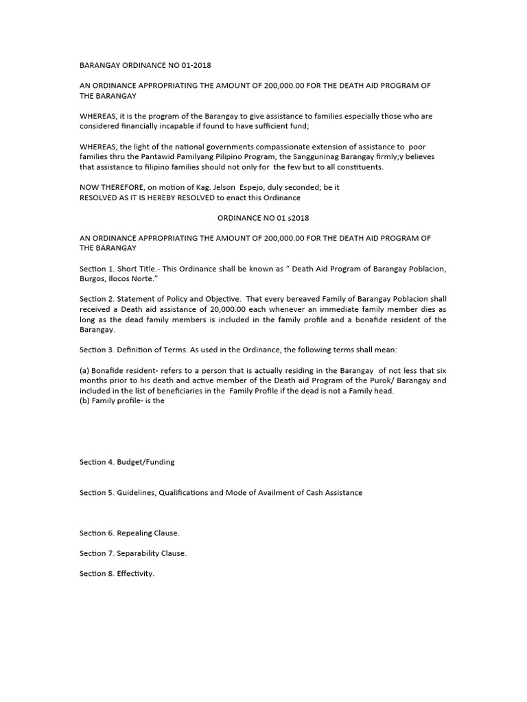 Barangay Death Aid Program Ordinance | PDF | Finance & Money Management ...