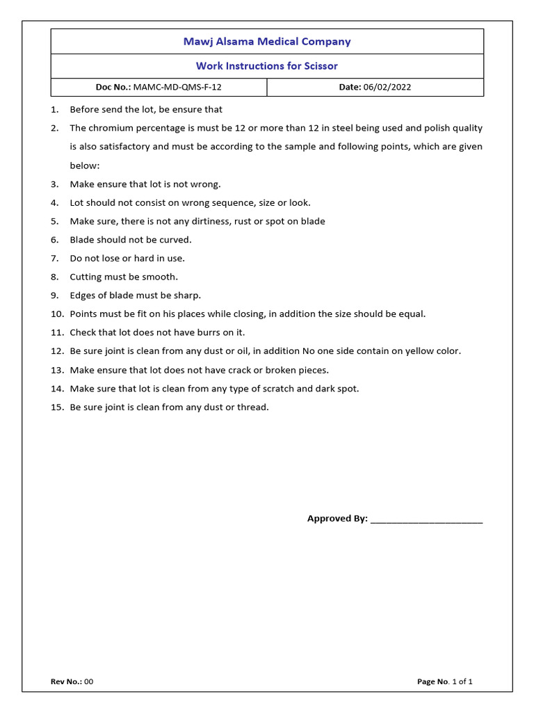 Scissor Quality Control Instructions | PDF