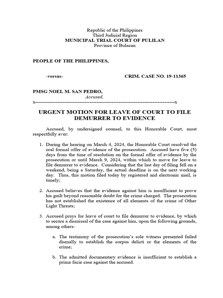 Motion for Demurrer to Evidence | PDF | Prosecutor | Demurrer