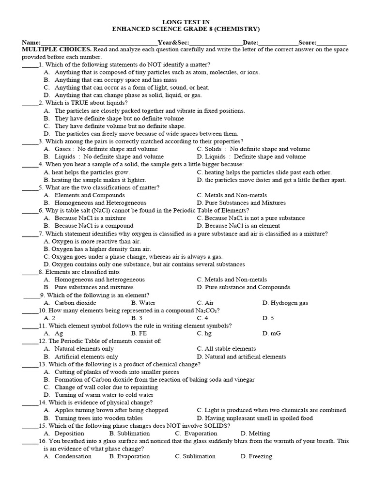 Long Test In Chemistry Grade 8 Pdf Atoms Chemistry