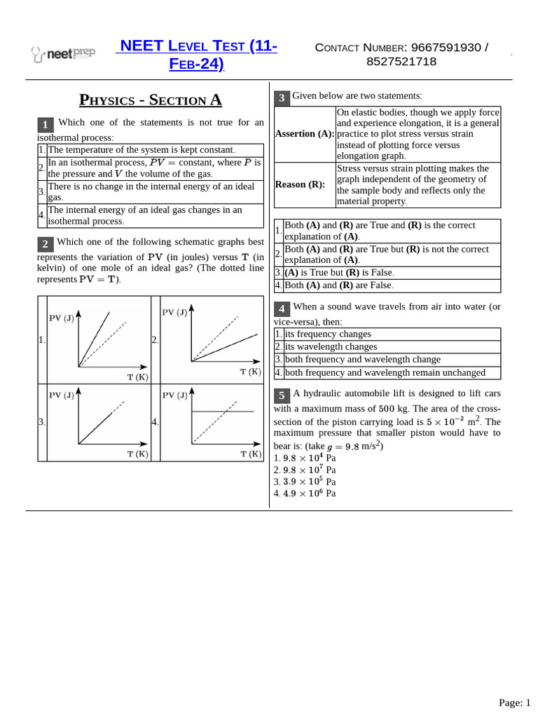 NEET Physics Test Questions and Answers | PDF | Gases | Ph