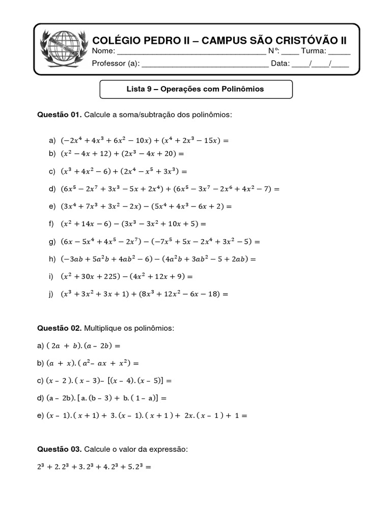 Lista 09 Operações Com Polinômios | PDF | Matemática | Geometria Euclidiana