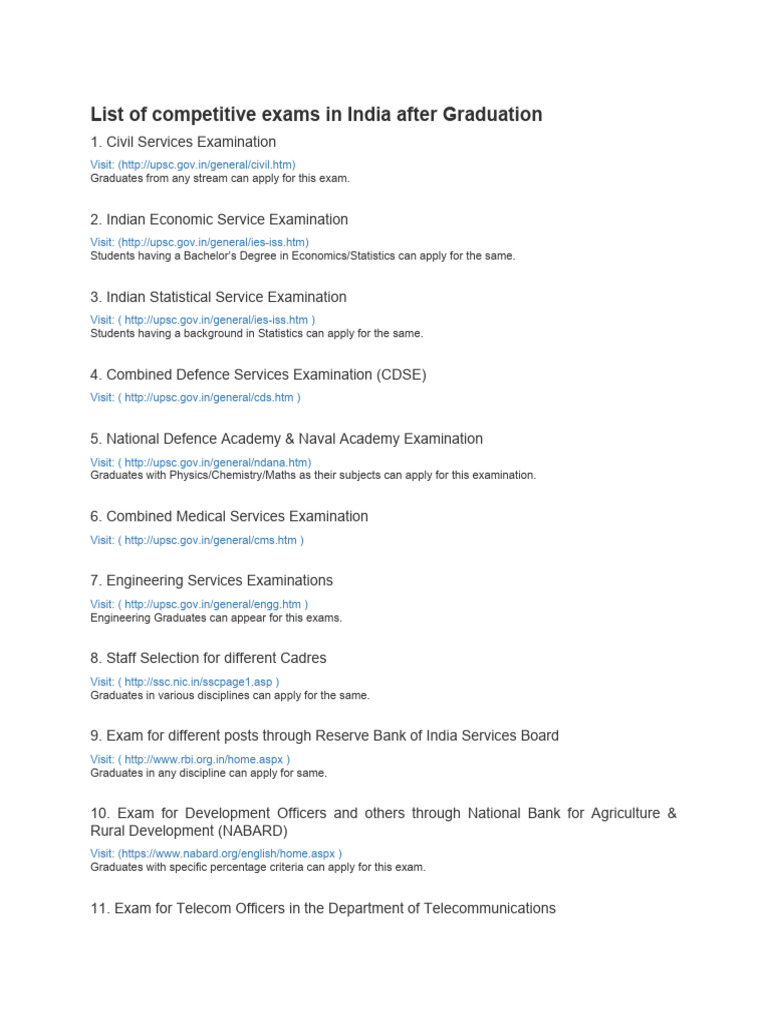 List Of Competitive Exams In India After Graduation Pdf Academic