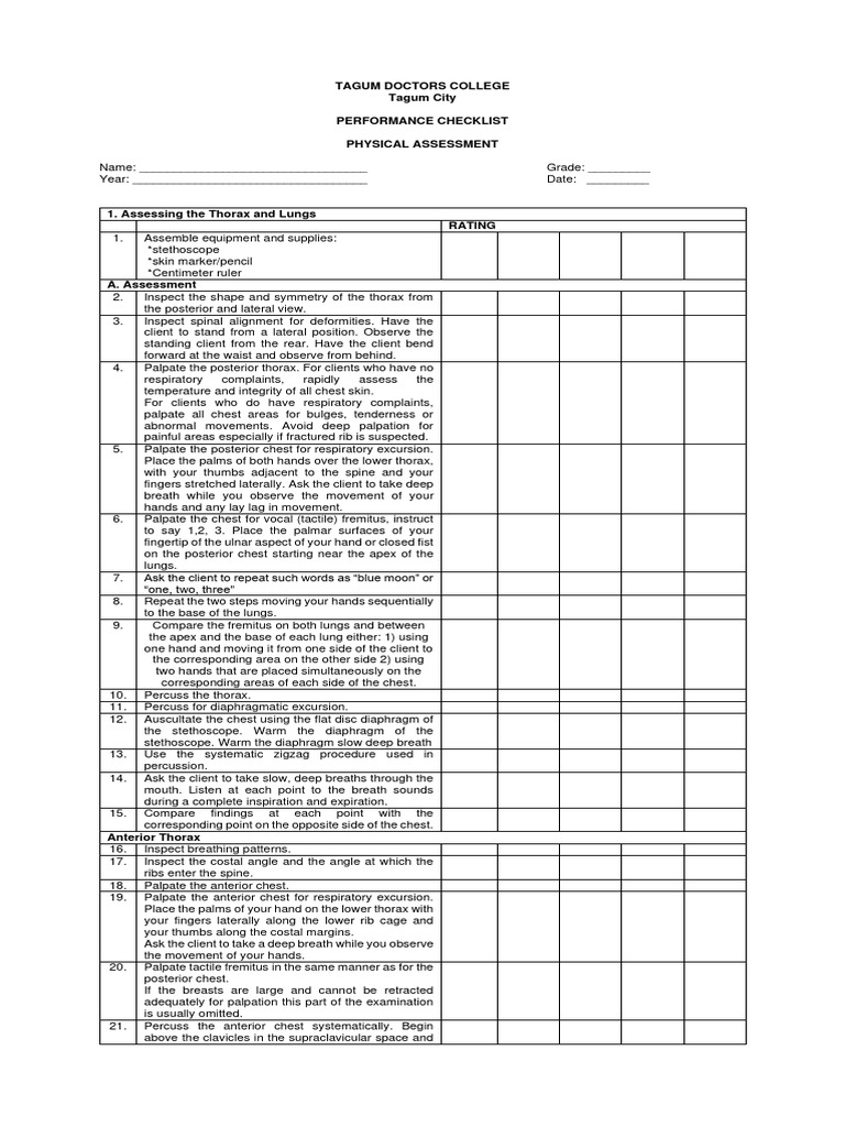 Thorax and Lungs Assessment Checklist | PDF | Thorax | Abdomen