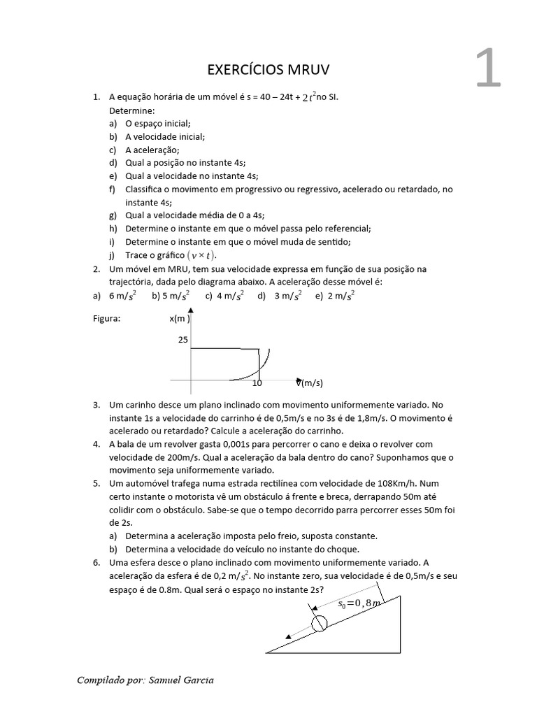 Exercícios de MRUV e MRU | PDF | Velocidade | Movimento (Física)