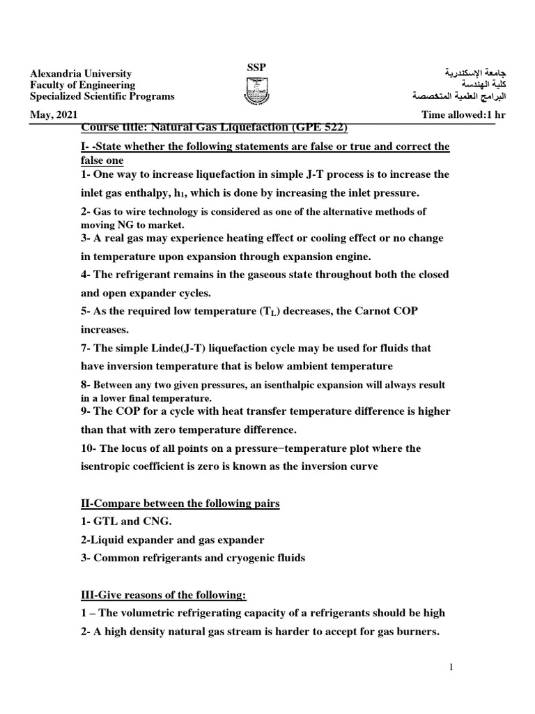 Natural Gas Liquefaction Course Exam | PDF | Natural Gas | Gases
