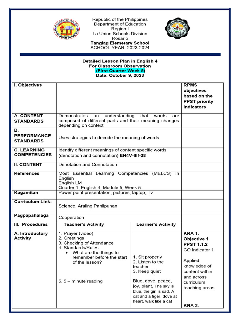 Grade 4 English Lesson Plan: Denotation & Connotation | PDF | Learning ...