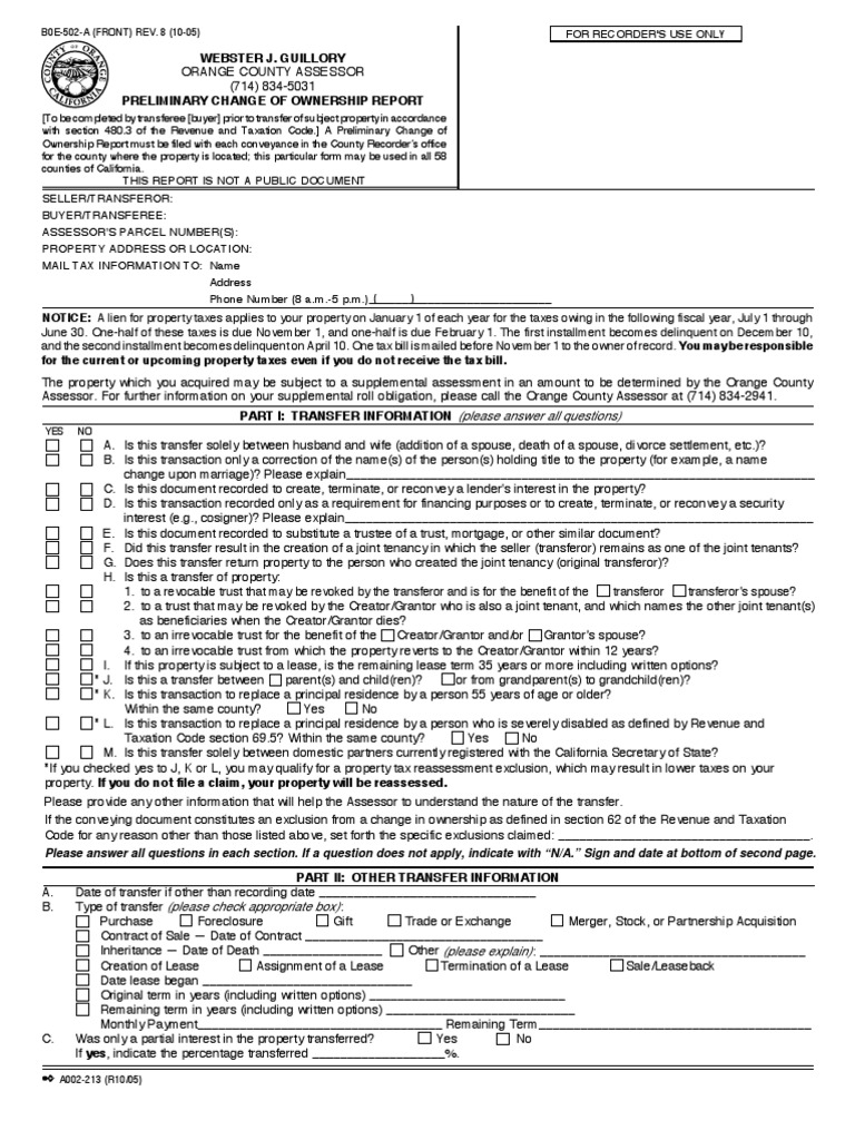 Preliminary Change Of Ownership Report Fillable Form - Printable Forms ...