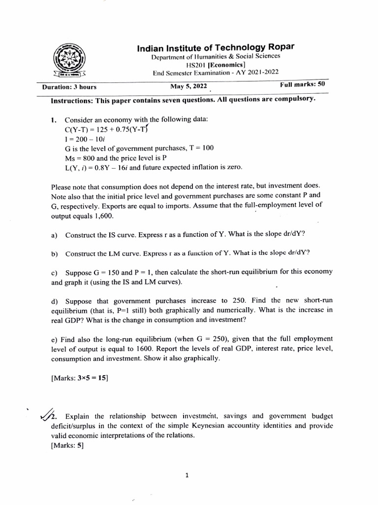 IIT Ropar Economics Exam Questions 2022 | PDF | Electrical Engineering
