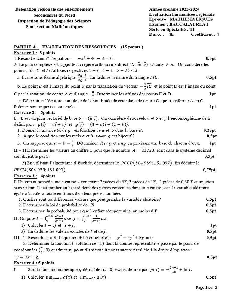 Sujet Bac Maths 2024 - Examen Blanc | PDF | Nombre complexe | Base ...