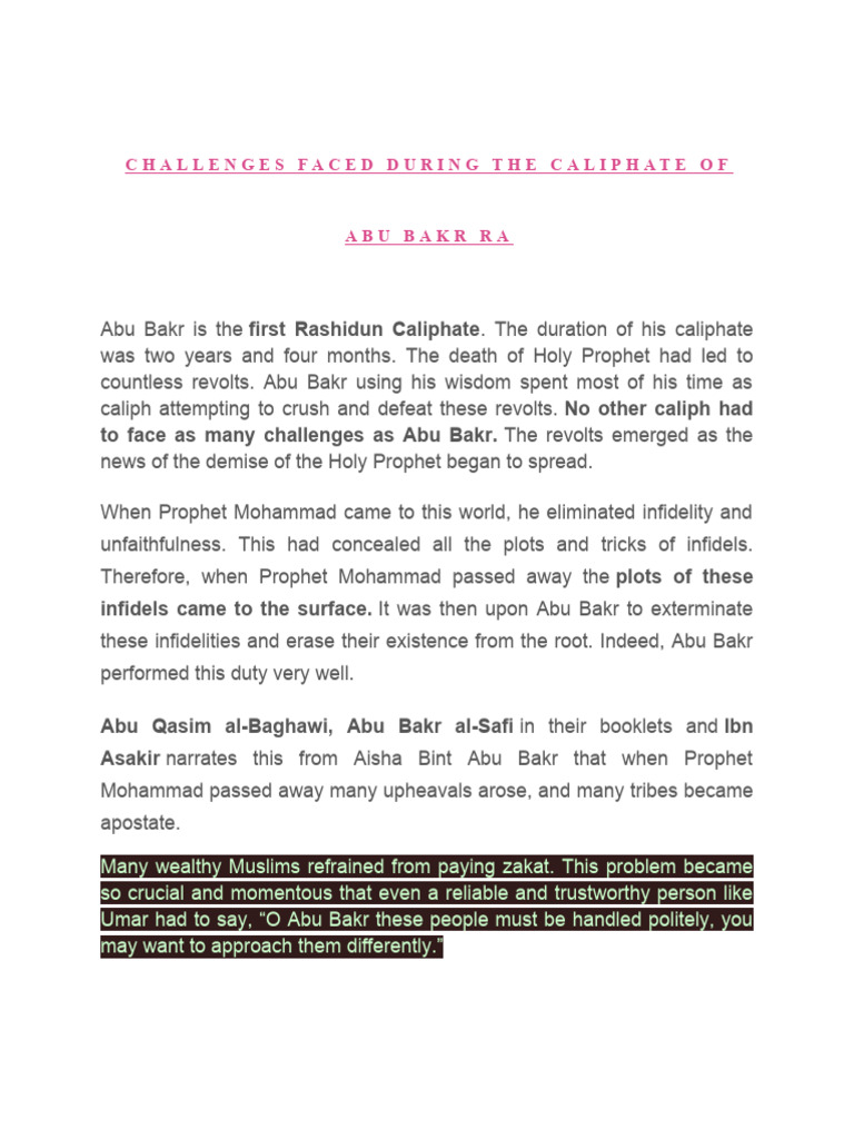 Challenges Faced by Abu Bakr as Khalifah | PDF | Caliphate | Muhammad