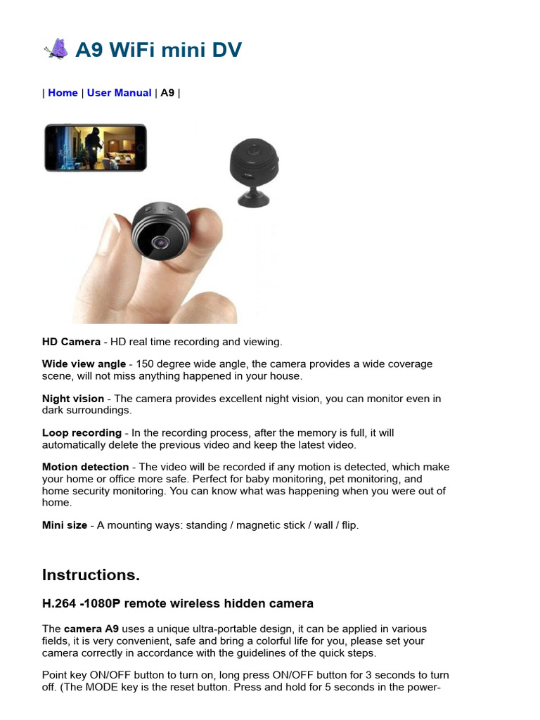 A9 WiFi Mini Camera. User Manual. English PDF Mobile App Wi Fi