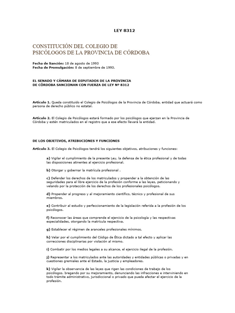 Ley 8312: Colegio de Psicólogos en Córdoba | PDF | Apelación | Comisión ...