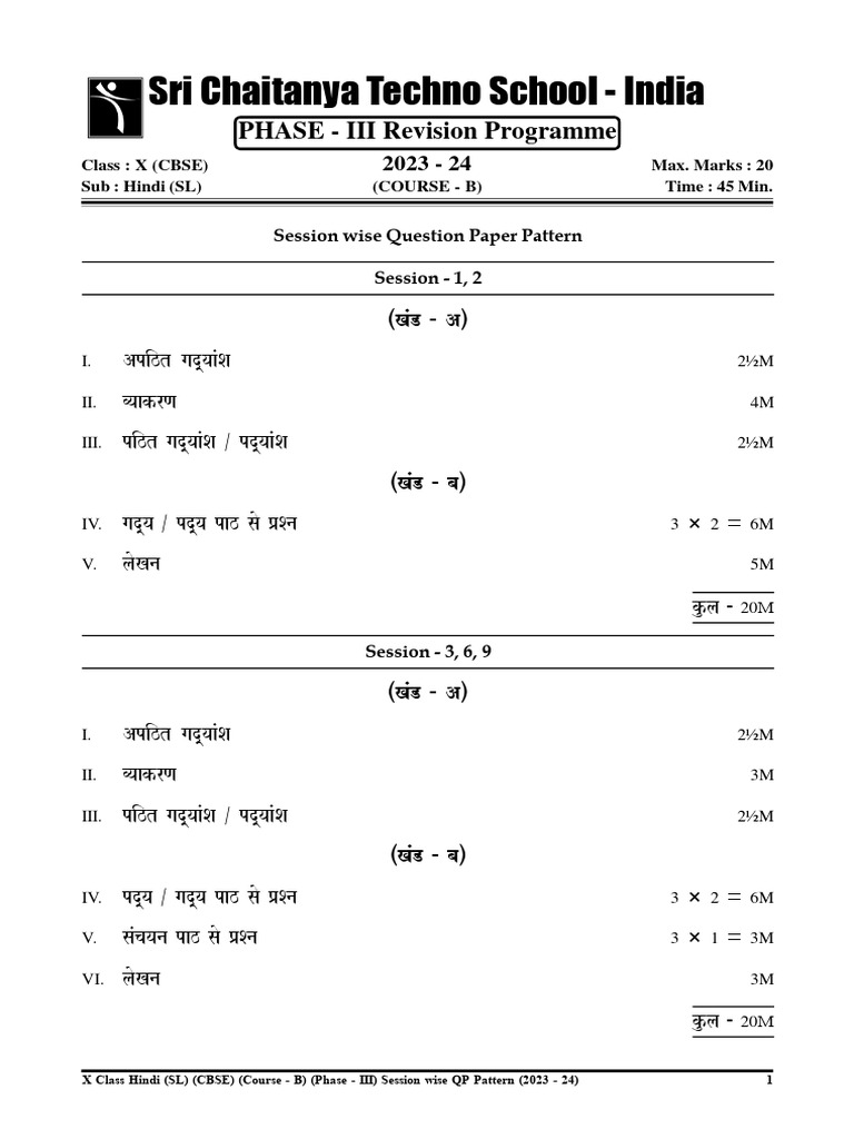 Class 10 Hindi QP Pattern 2023-24 | PDF | Secondary Education | Student ...