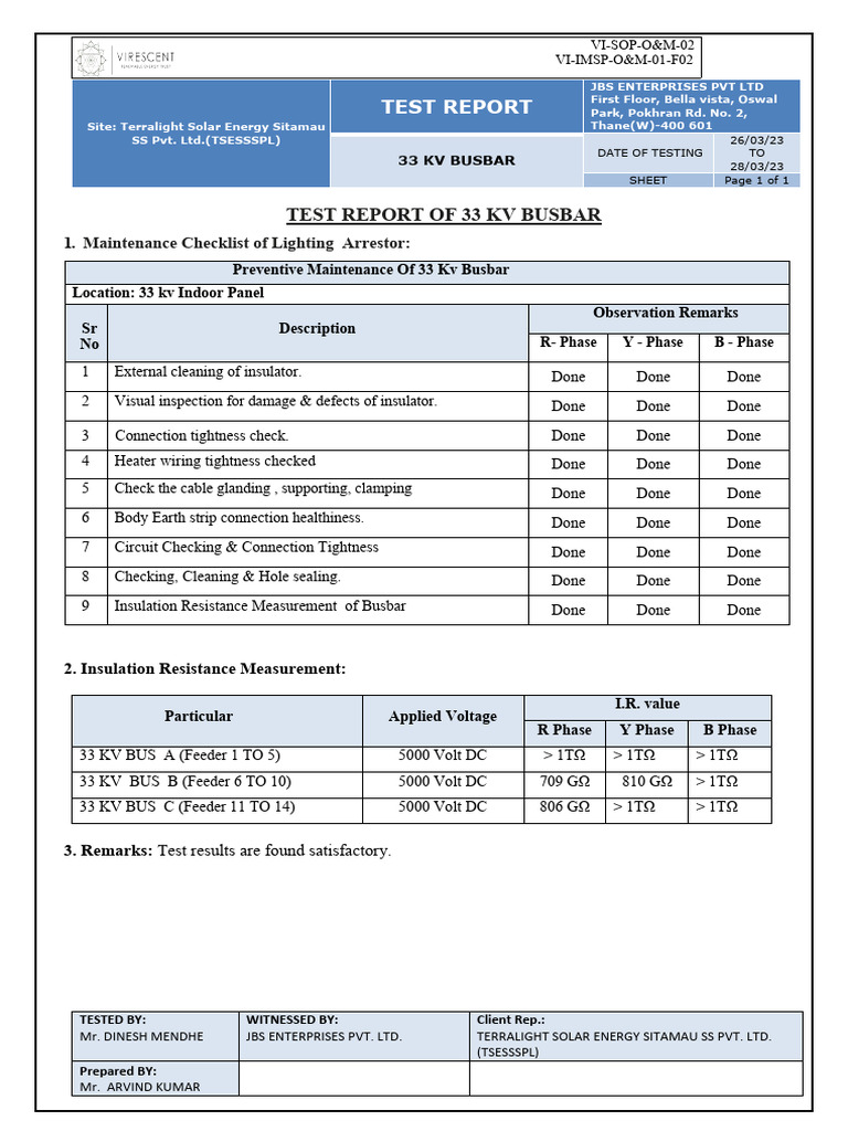 33kV Busbar Test Report Summary | PDF | Insulator (Electricity ...