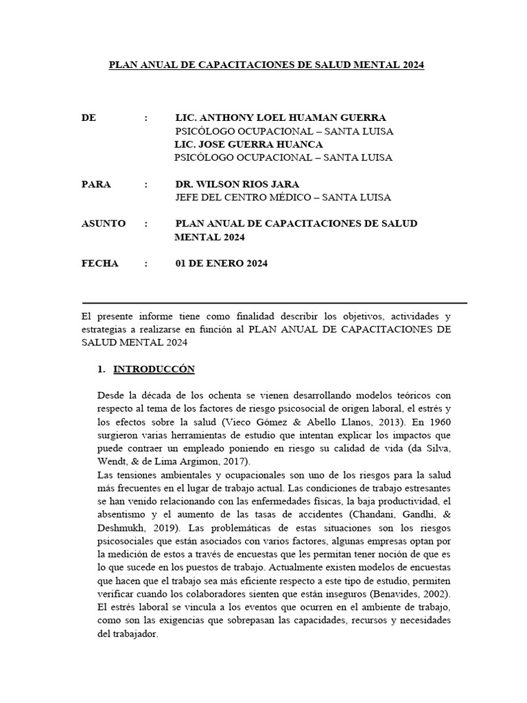 Plan Anual de Capacitaciones de Salud Mental 2024 | PDF | Estrés ...