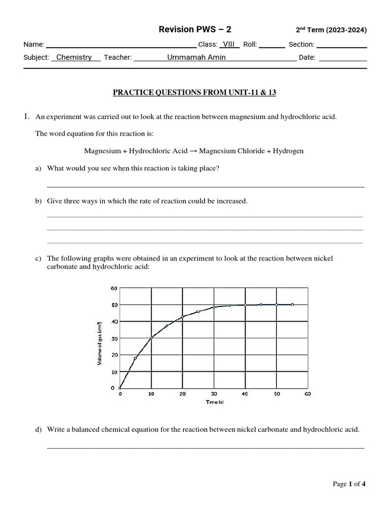 Chemistry Practice Questions for VIII | PDF | Chemical Reactions | Acid