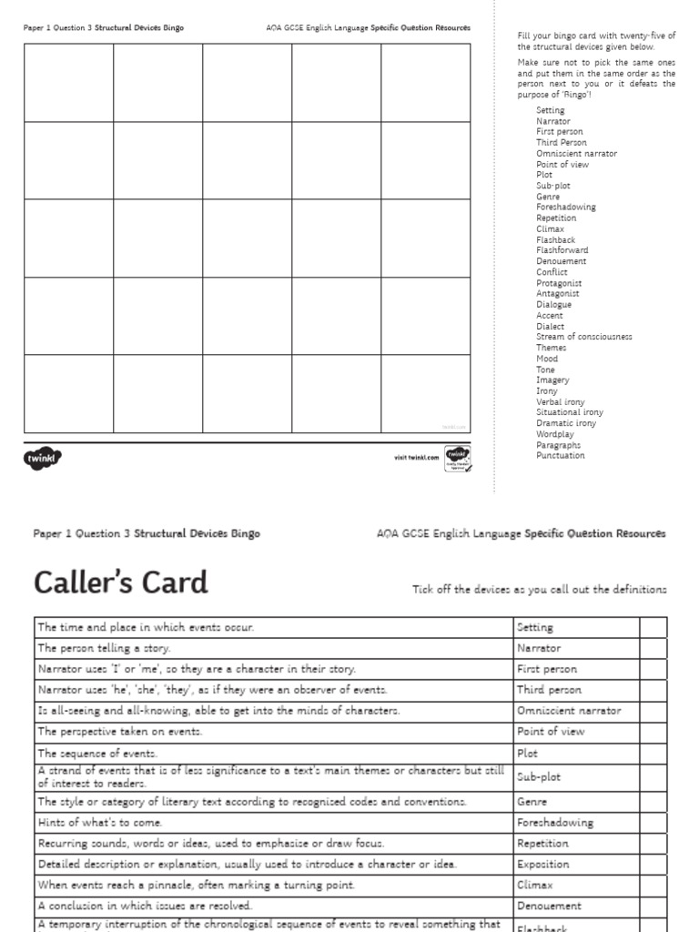 AQA Eng Lang P1 Q3 Structural Devices Bingo HA PDF Narration Irony