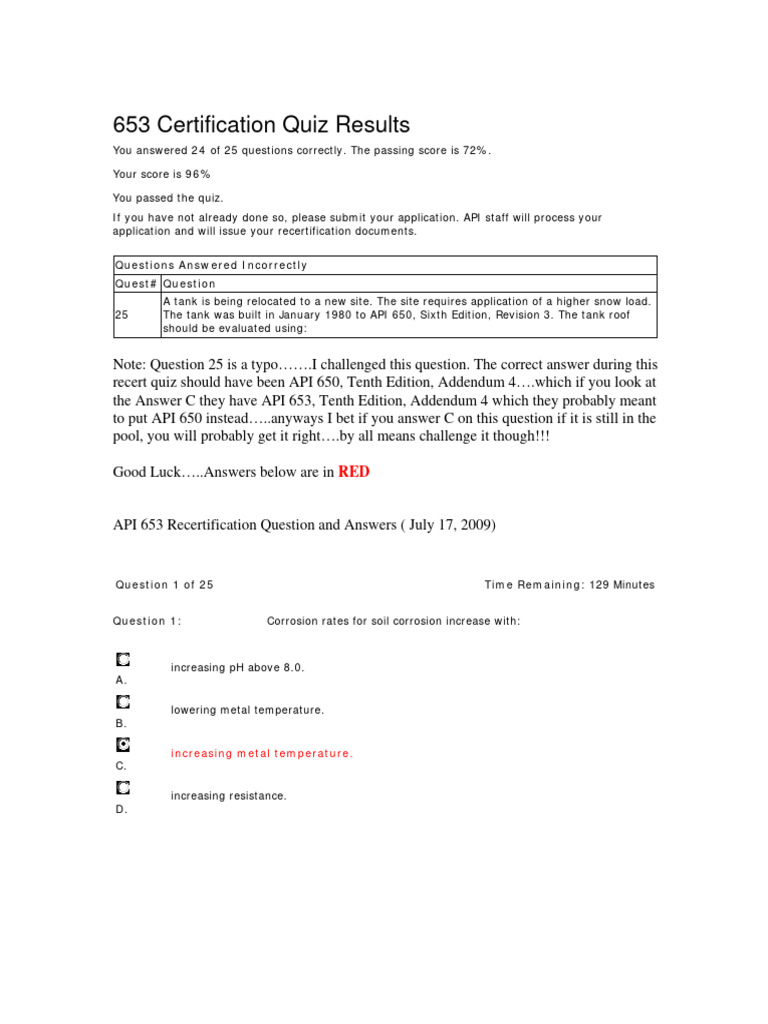 API 653 Certification Quiz Results | PDF | Welding | Construction