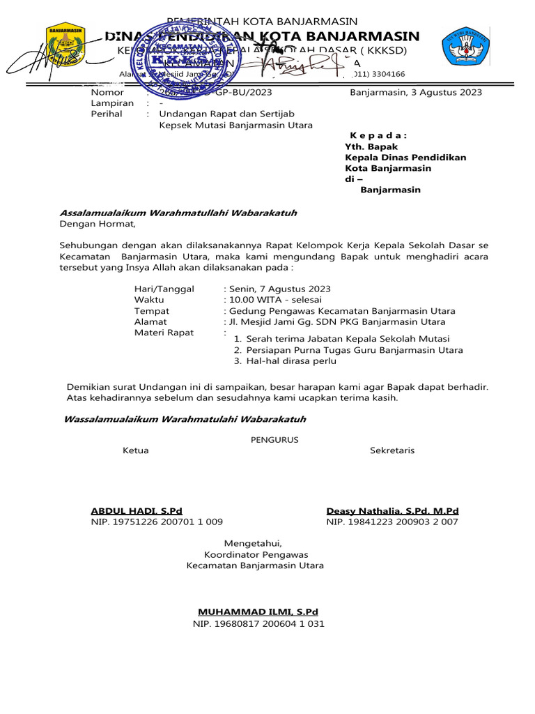 SURAT UNDANGAN RAPAT K3S KECAMATAN BULAN AGUSTUS 2023 | PDF