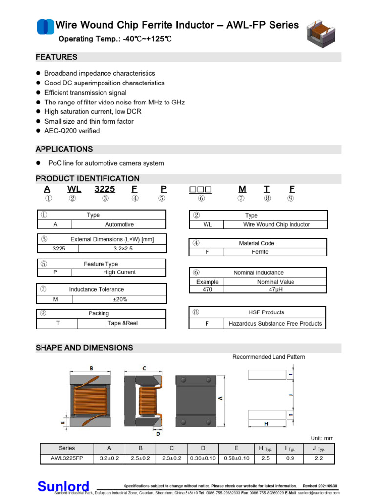 AWL FP+Series+of++Wire+Wound+Chip+Ferrite+Inductor+20201224 | PDF ...