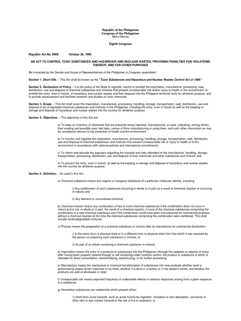 RA 6969 Toxic Substances and Hazardous and Nuclear Wastes Control Act